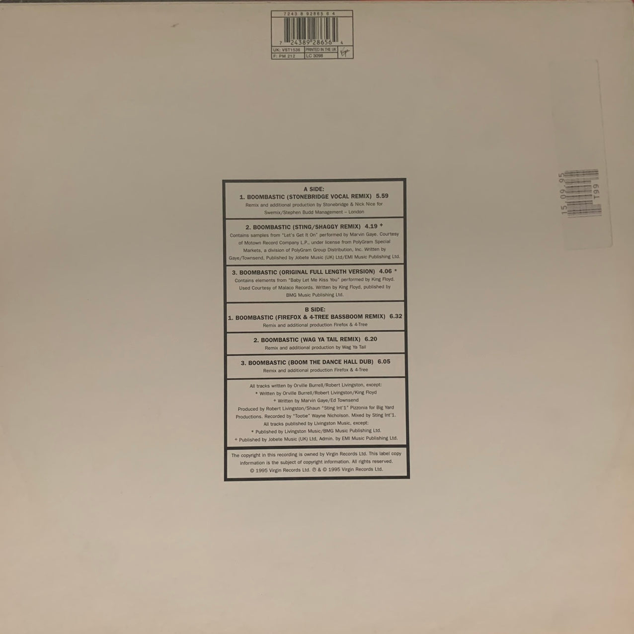 Shaggy “Boombastic” 12inch Vinyl Single Featuring 6 Versions From Stonebridge, Sting and more