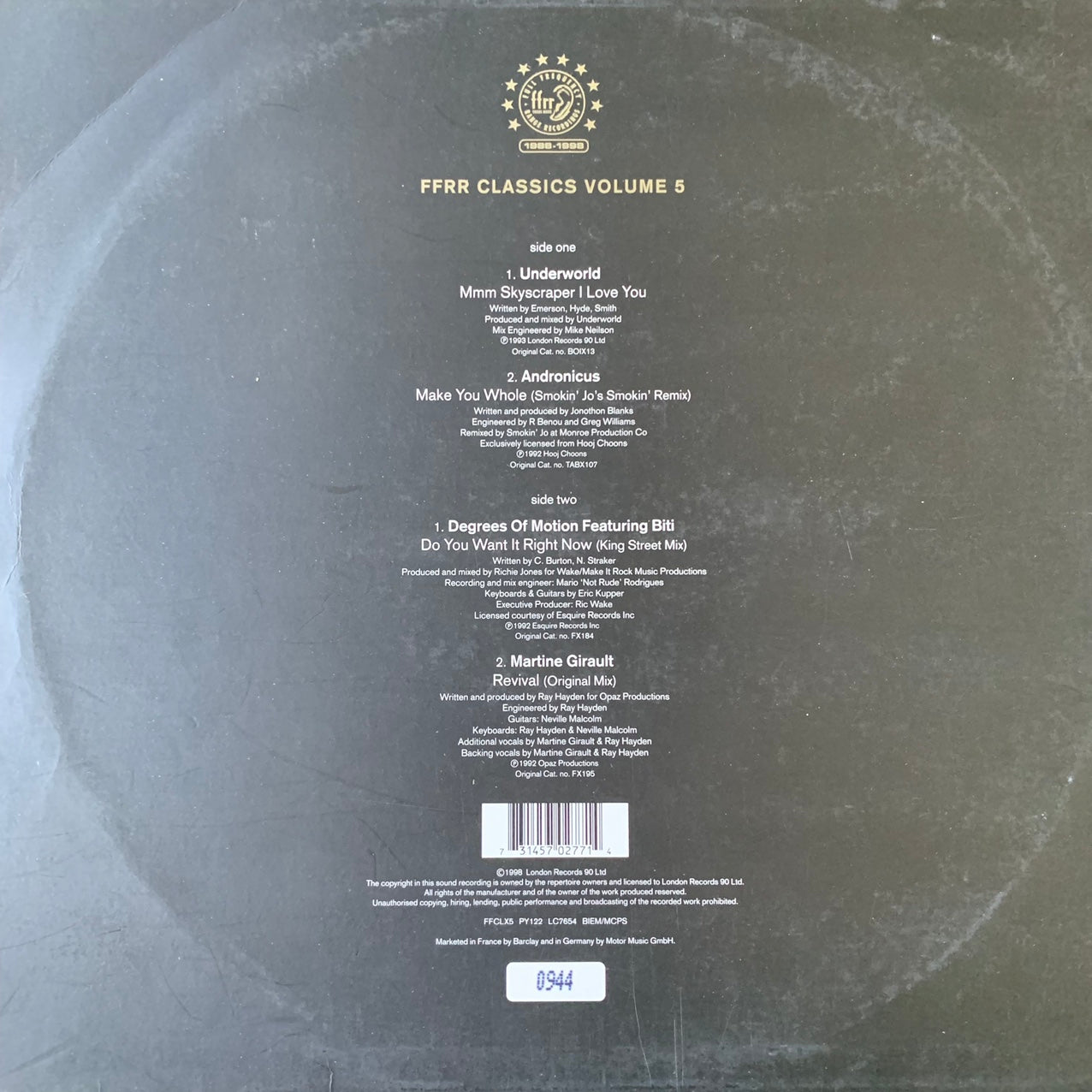FFRR Classics Vol 5 1992 4 Track 12inch Vinyl, Featuring Underworld, Degrees of Motion and More,