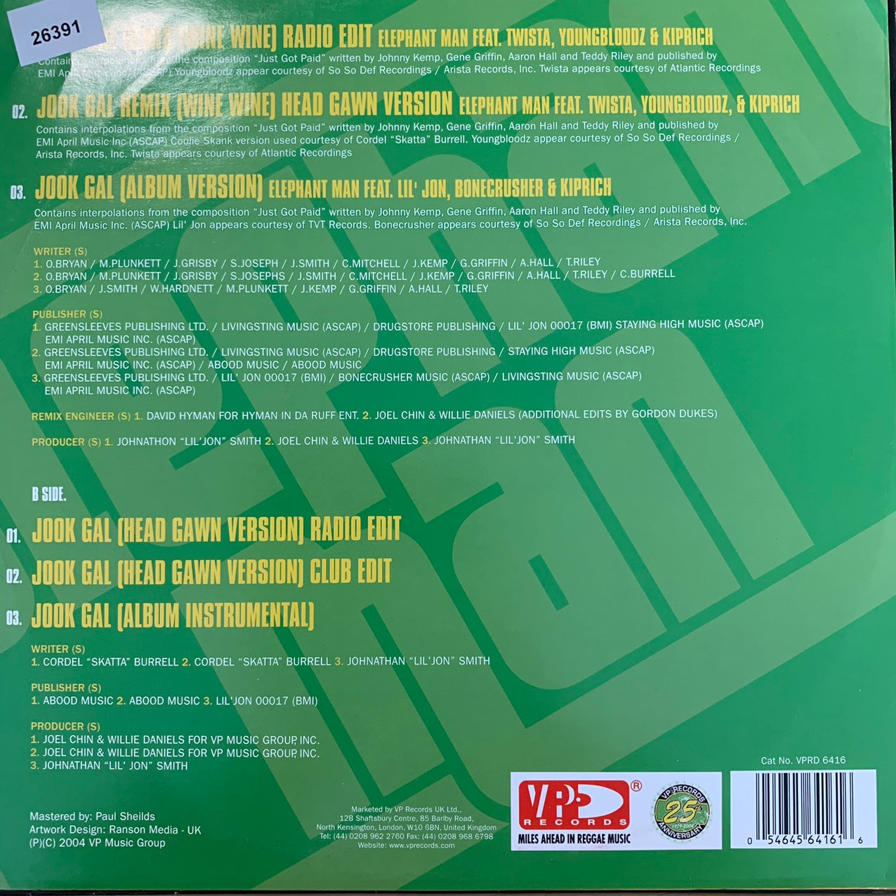 Elephant Man “Jook Gal” Remix feat Twista, Youngbloodz and Lil’ Jon 6 Version 12inch Vinyl