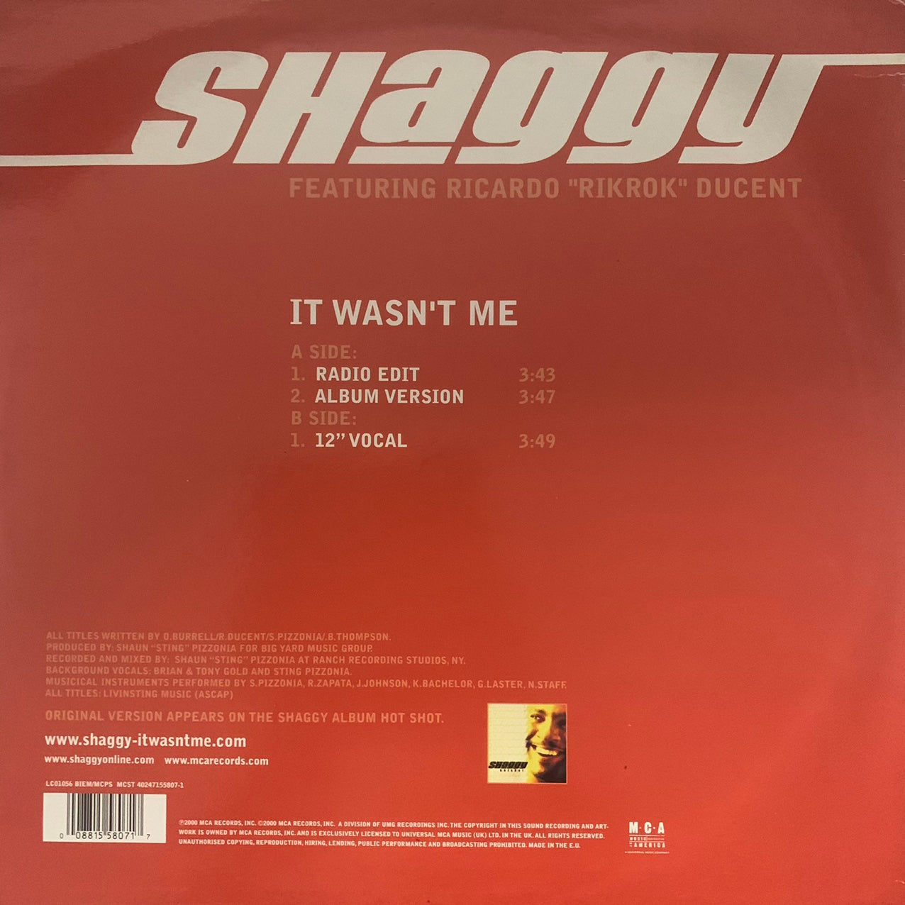 Shaggy “It Wasn’t Me” Featuring Ricardo “Rikrok” Ducent 3 Track 12inch Vinyl