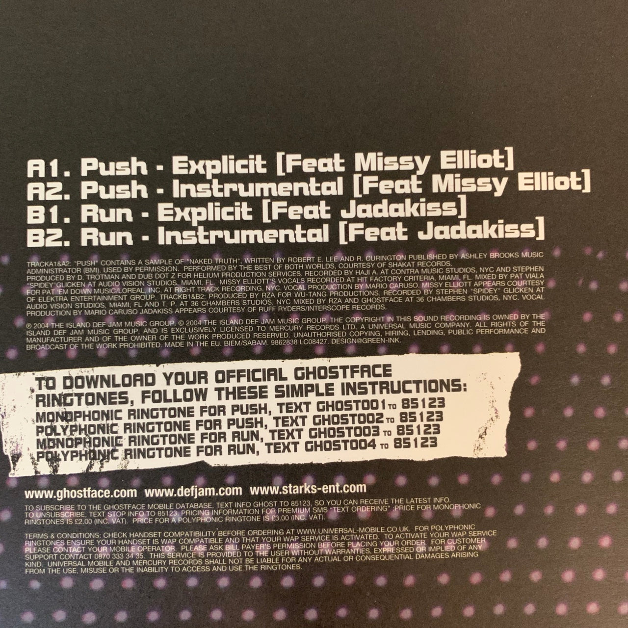 Ghostface Killah “Push” Feat Missy Elliott / “Run” 4 Version 12inch Vinyl