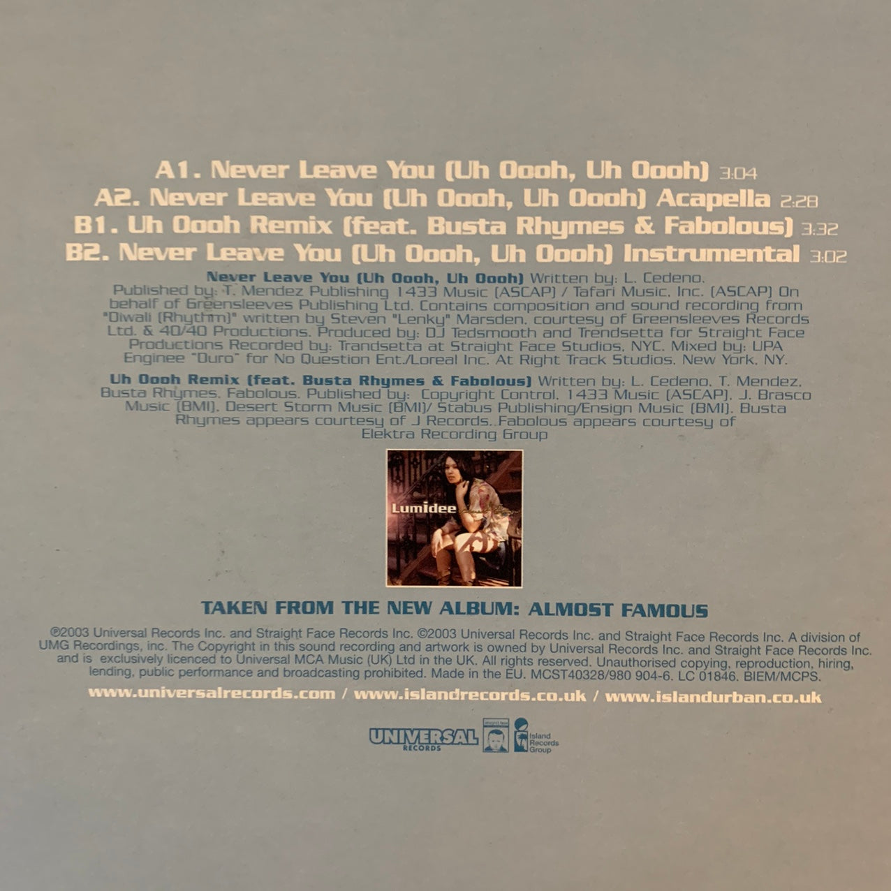 Lumidee “Never Leave you” 4 Track 12inch Vinyl