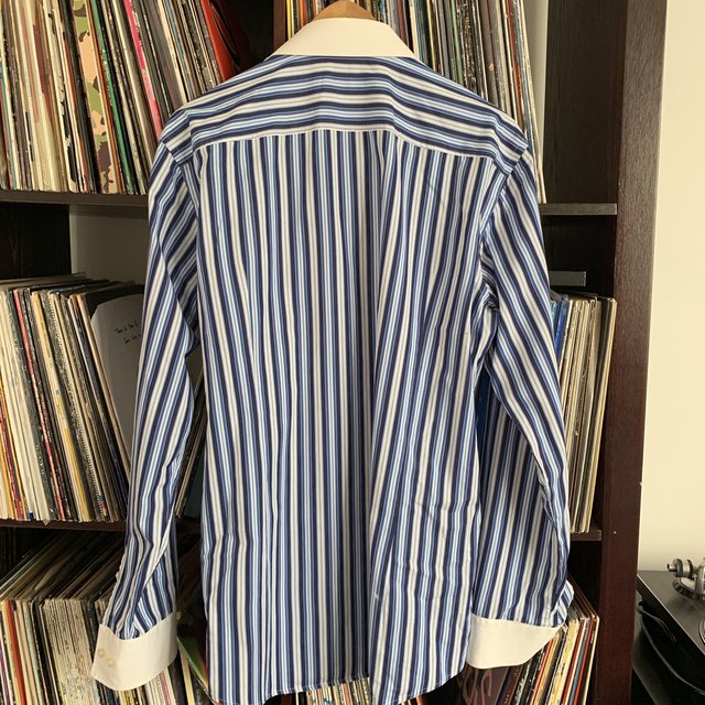 Boss Hugo Boss Blue and White striped Shirt Size Large 43/17 Neck