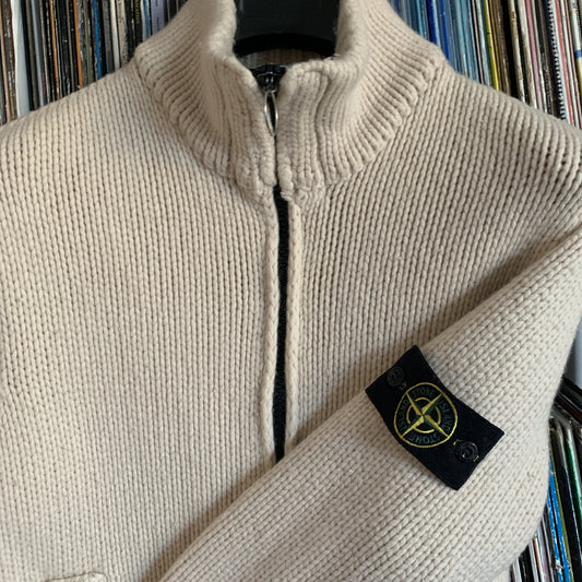 Stone Island Vintage Cream Thick Lambs Wool Zip Up Knit AW03, Size L