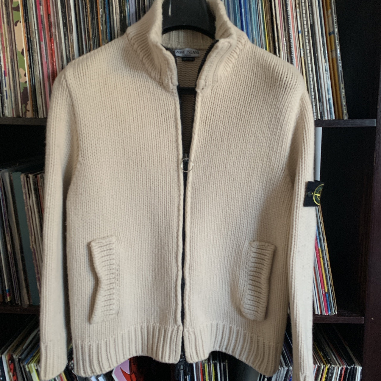 Stone Island Vintage Cream Thick Lambs Wool Zip Up Knit AW03, Size L