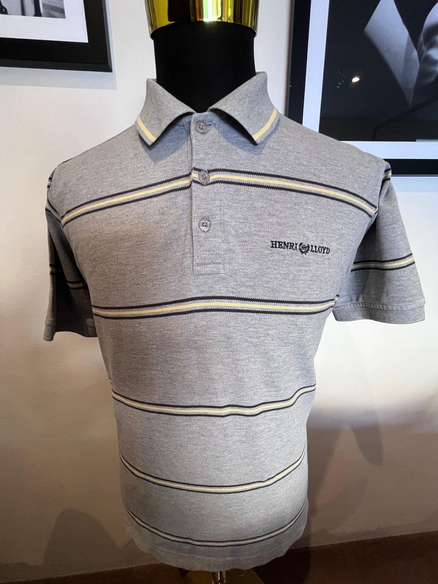 Henri Lloyd 100% Cotton Custom Fit Grey Yellow Stripe Polo Shirt Size Medium