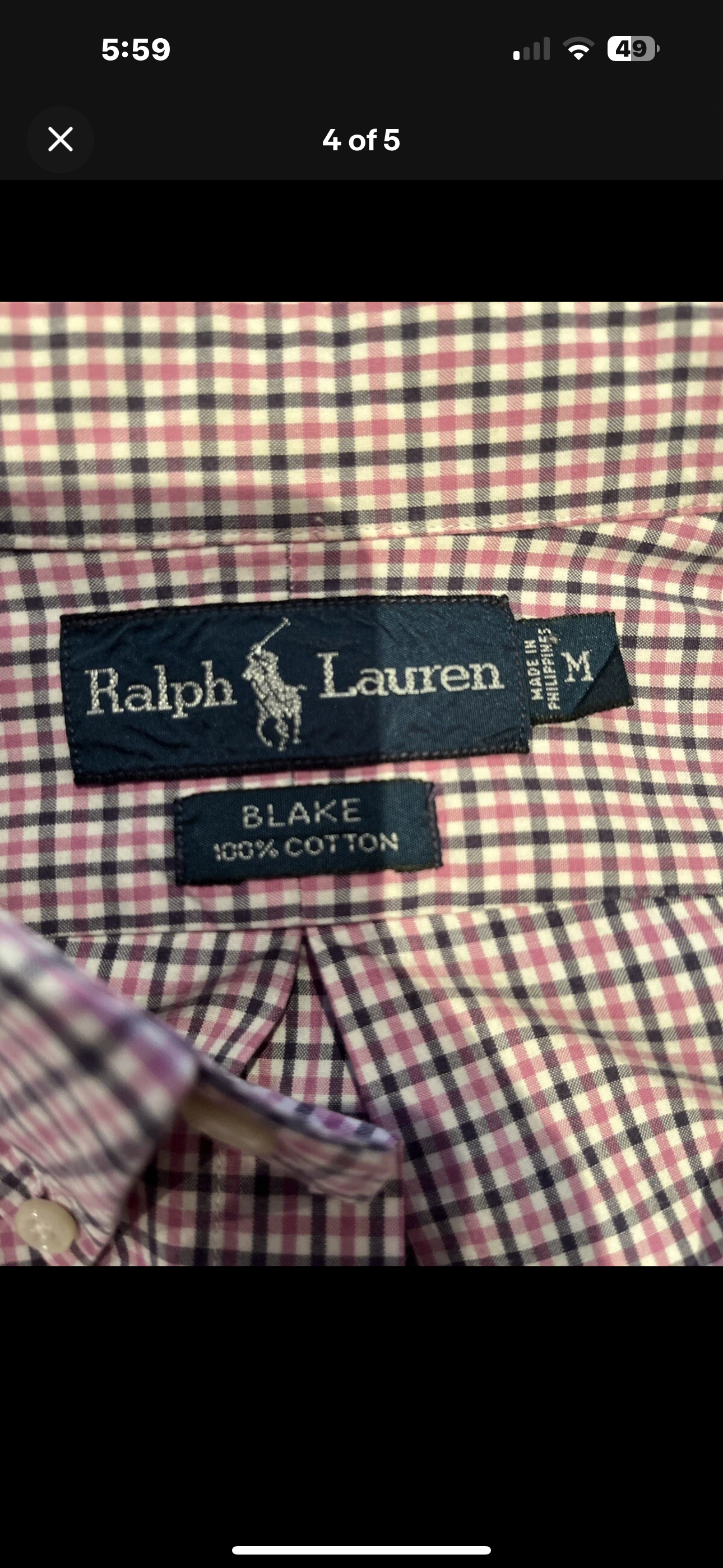 Ralph Lauren 100% Cotton Pink Grey Check Shirt Size US Medium AUS Large