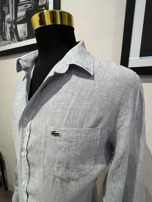 Lacoste 100% Linen Cotton Blue White Pin Stripe Shirt Size Large Classic Fit