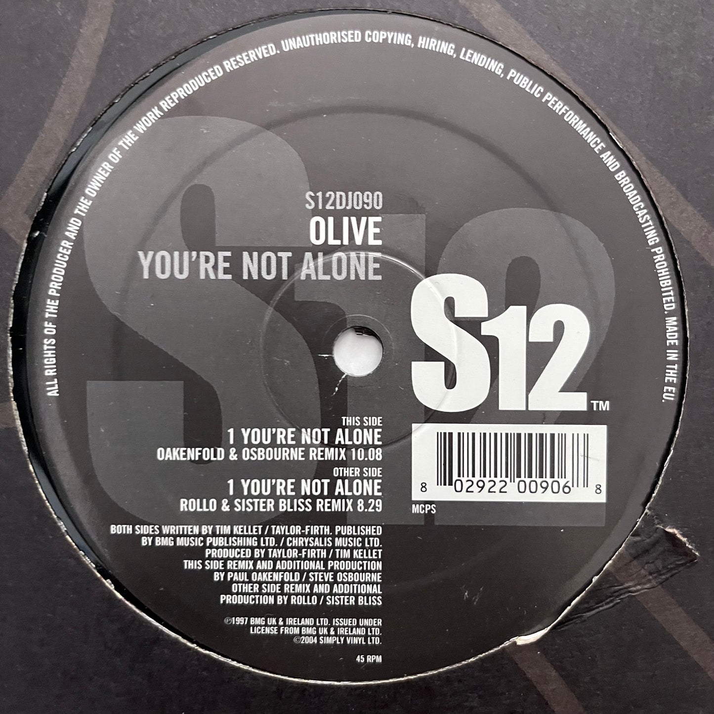 Olive “You’re Not Alone” 2 Version 12inch Vinyl Record includes Oakenfold and Rollo Mixes
