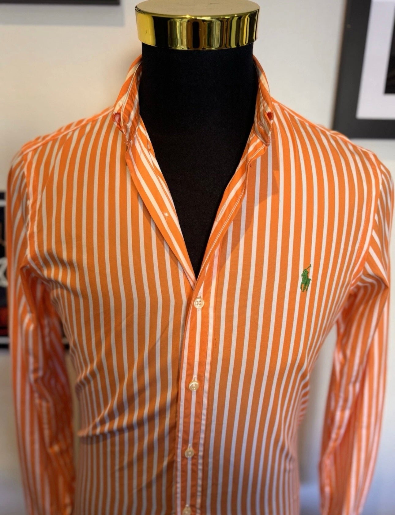 Ralph Lauren 100% Cotton Orange White Striped Shirt Slim Fit Size Small