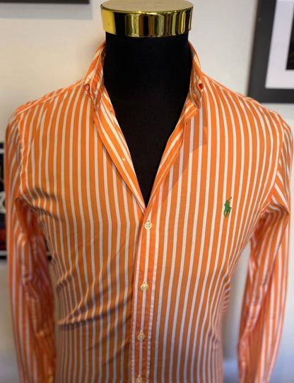 Ralph Lauren 100% Cotton Orange White Striped Shirt Slim Fit Size Small