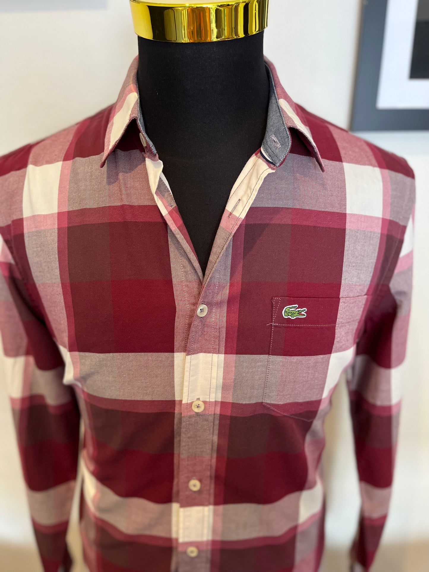 Lacoste 100% Cotton White Red Check Shirt Size M Regular Fit Button Down Collar