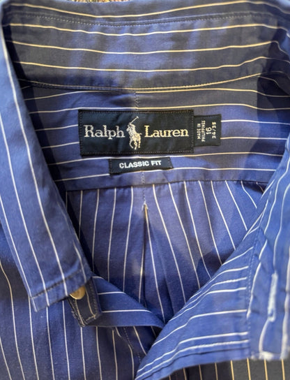 Ralph Lauren 100% Blue Pin Striped Shirt Classic Fit Size Large Button Down