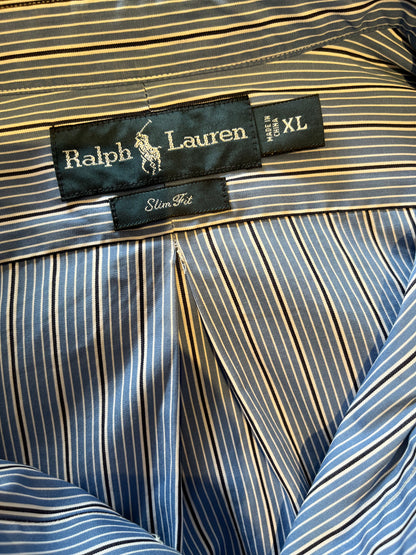 Ralph Lauren 100% Cotton Blue Stripe Shirt Size XL Slim Fit Button Down Collar