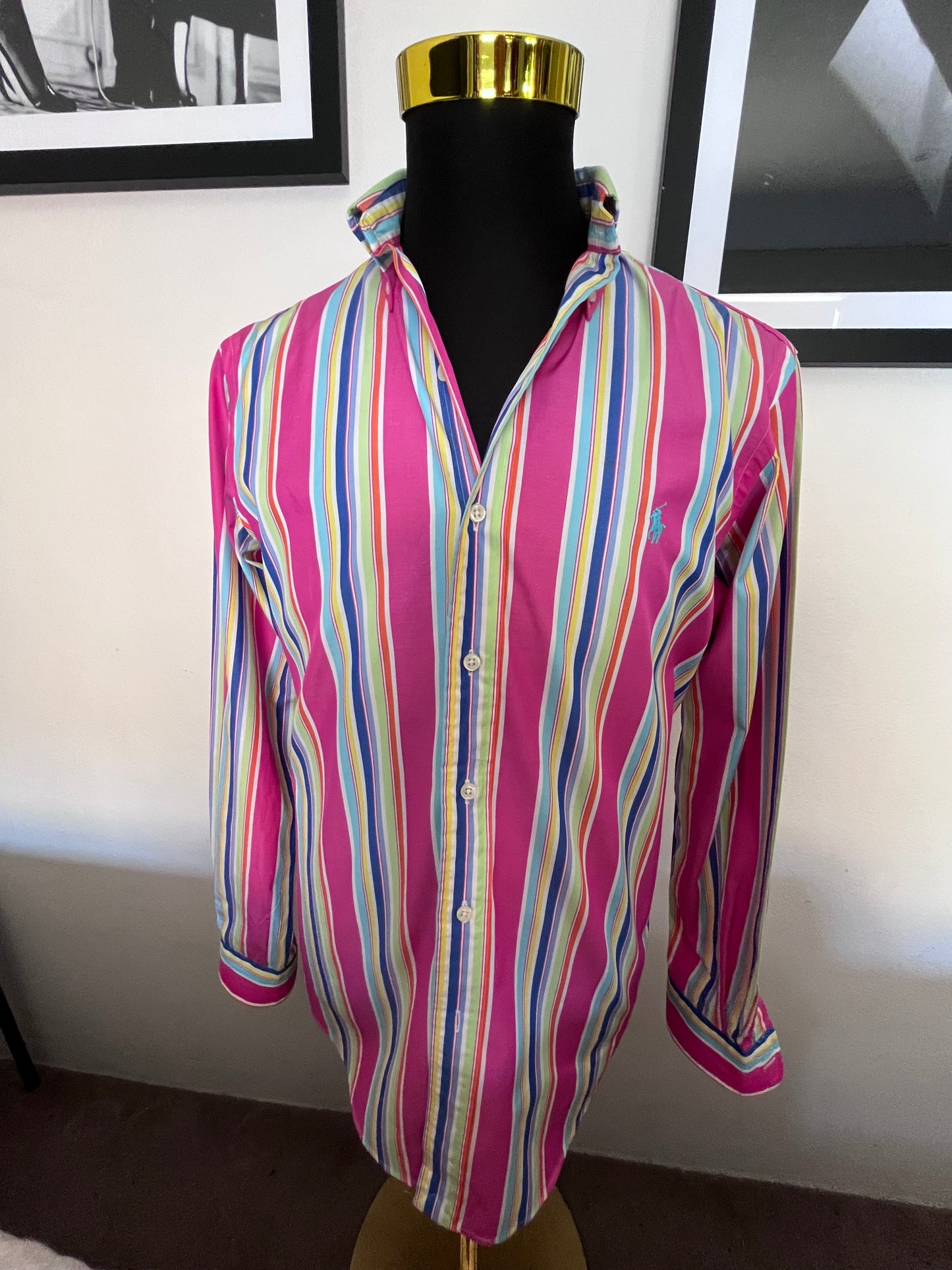 Ralph Lauren 100% Cotton Shirt Multi Colour Stripe Size Medium
