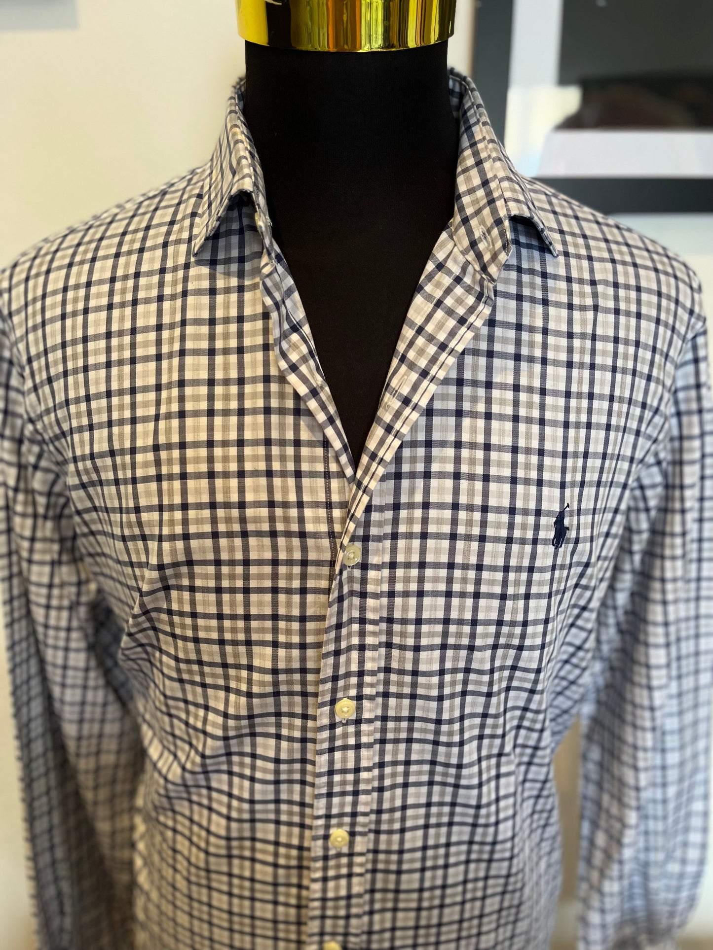 Ralph Lauren 100% Cotton White Blue Check Shirt Size Large Classic Fit Performance