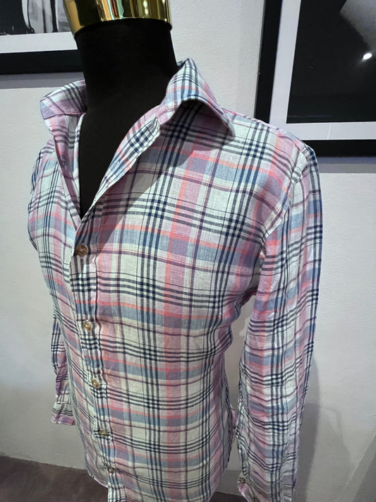 MJ Bale 100% Linen Pink White Check Shirt Cuban Fit