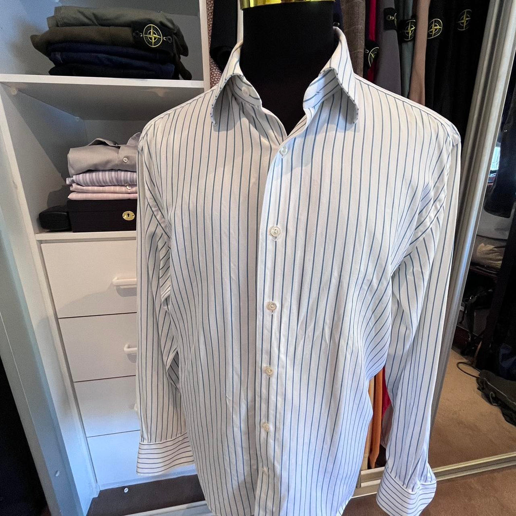 Ermenegildo Zegna 100% Cotton Blue White Stripe Business Shirt Size XL 46/18 Double Cuff Made in Switzerland