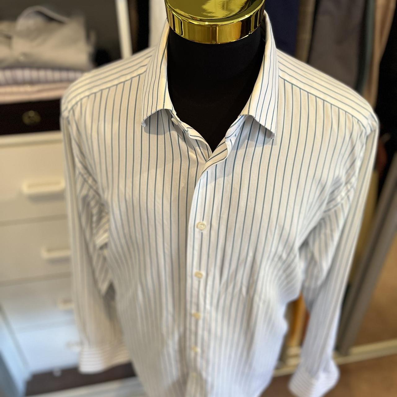 Ermenegildo Zegna 100% Cotton Blue White Stripe Business Shirt Size XL 46/18 Double Cuff Made in Switzerland