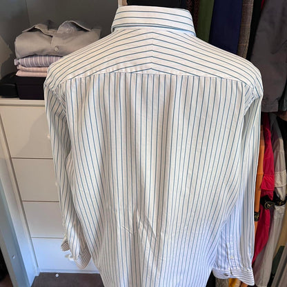 Ermenegildo Zegna 100% Cotton Blue White Stripe Business Shirt Size XL 46/18 Double Cuff Made in Switzerland