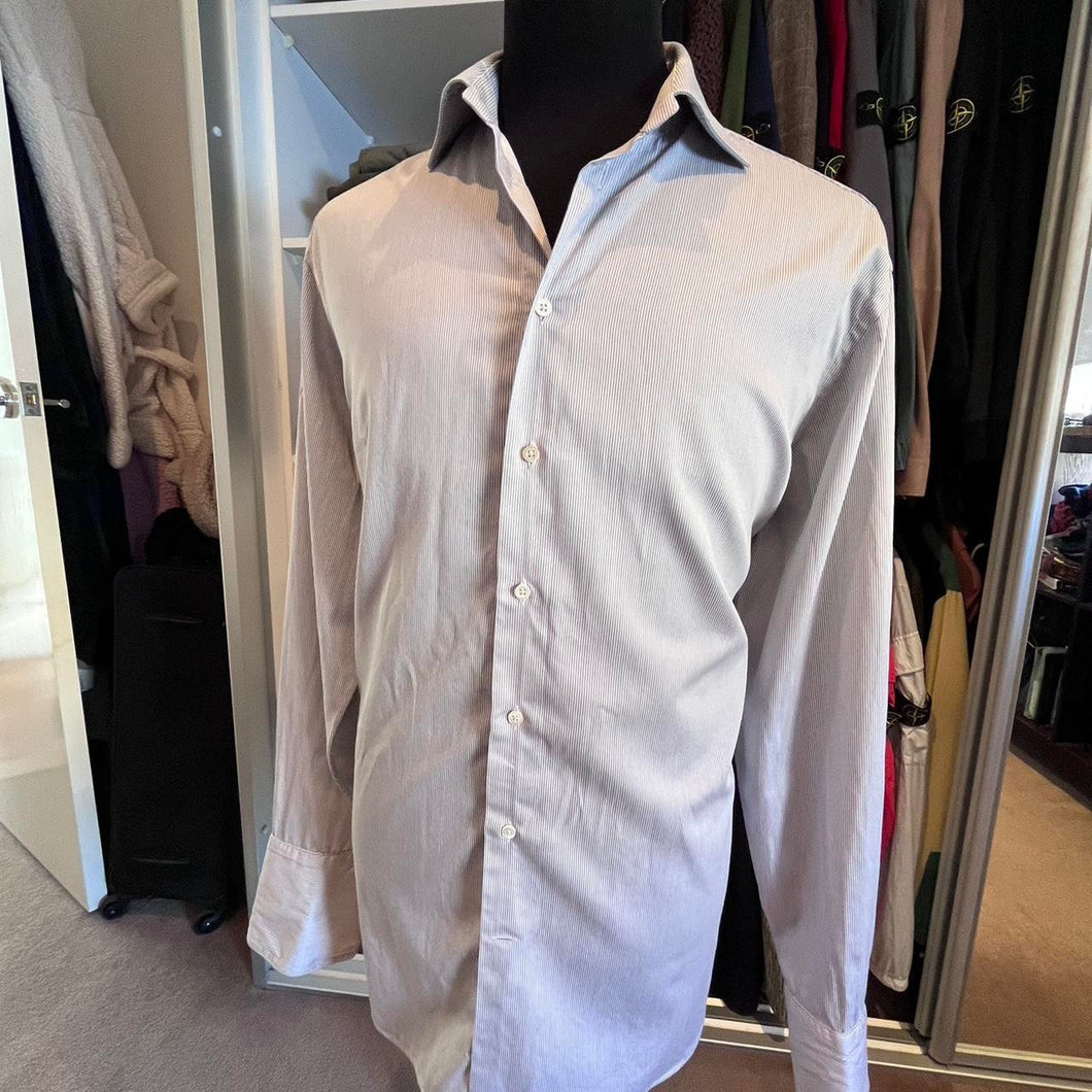 Armani, Armani Collezioni 100% Cotton Brown and White Stripe Business Shirt Size XL 45/18 with Double Cuff Made In Italy