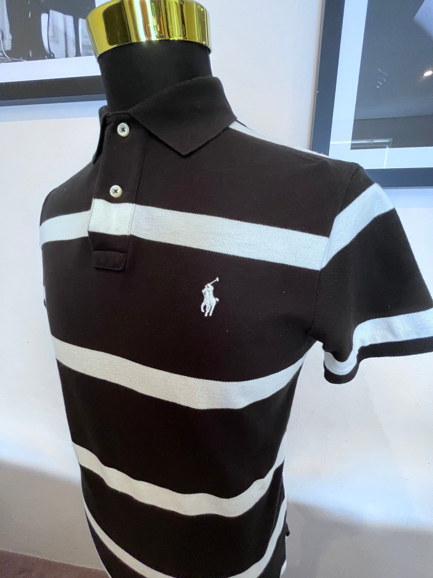 Ralph Lauren 100% Cotton Black White Strip Polo Shirt Size M Custom Fit