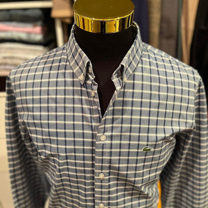 Lacoste 100% Cotton Button Front Button Down Collar Blue and White check shirt Size XL