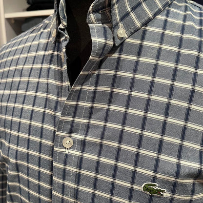Lacoste 100% Cotton Button Front Button Down Collar Blue and White check shirt Size XL