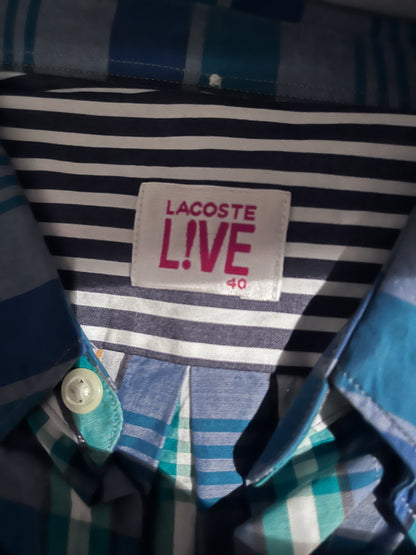 Lacoste 100% Cotton Green Blue Check Shirt Size M Classic Fit Button Down Collar