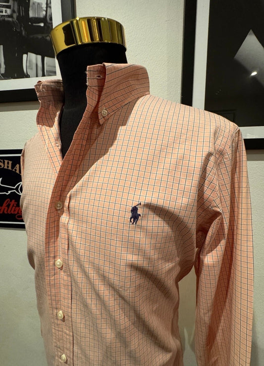Ralph Lauren 100% Cotton Salmon Pink Check Shirt Size Large Custom Fit