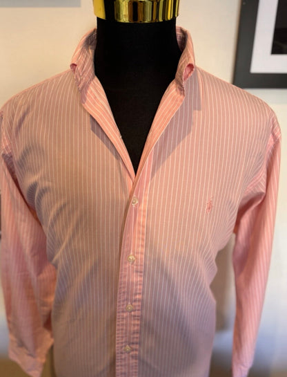 Ralph Lauren 100% Cotton Pink White Striped Shirt Classic Fit Size 16 Large