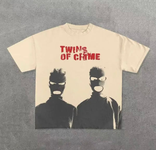 Twins Of Crime 100% Cotton Men’s Chest Logo Cream Harajuku Style T Shirt