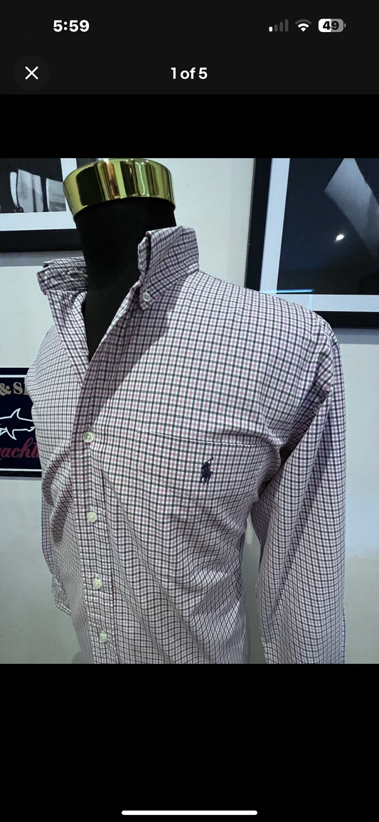 Ralph Lauren 100% Cotton Pink Grey Check Shirt Size US Medium AUS Large