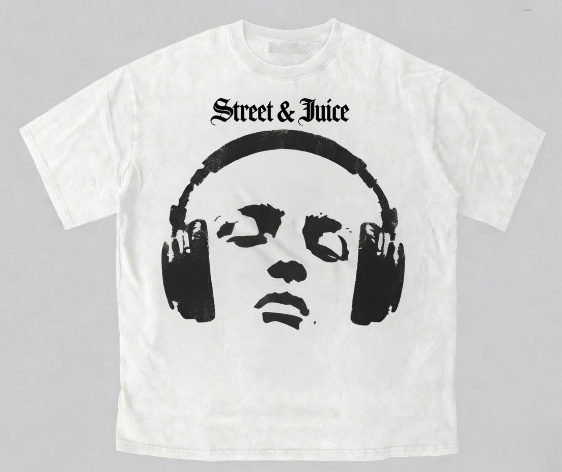 Street &Juice ‘Headphones’ White Graphic T-shirt 100% Heavyweight Cotton