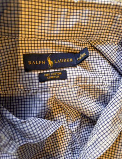 Ralph Lauren 100% Cotton Stretch Blue White Check Shirt Slim Fit Size Small