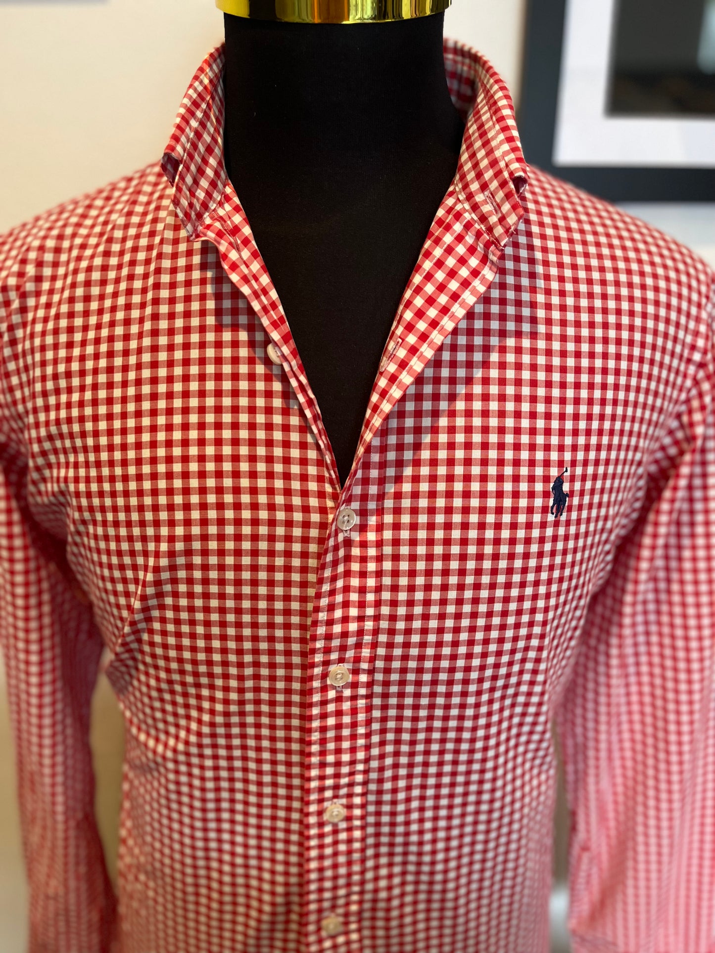 Ralph Lauren 100% Cotton Red Gingham Shirt Size L Classic Fit Button Down Collar