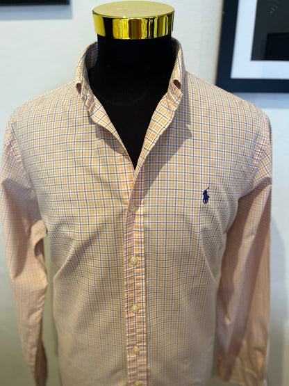 Ralph Lauren 100% Cotton Orange Check Button Down Shirt Size M Custom Fit, 15/32