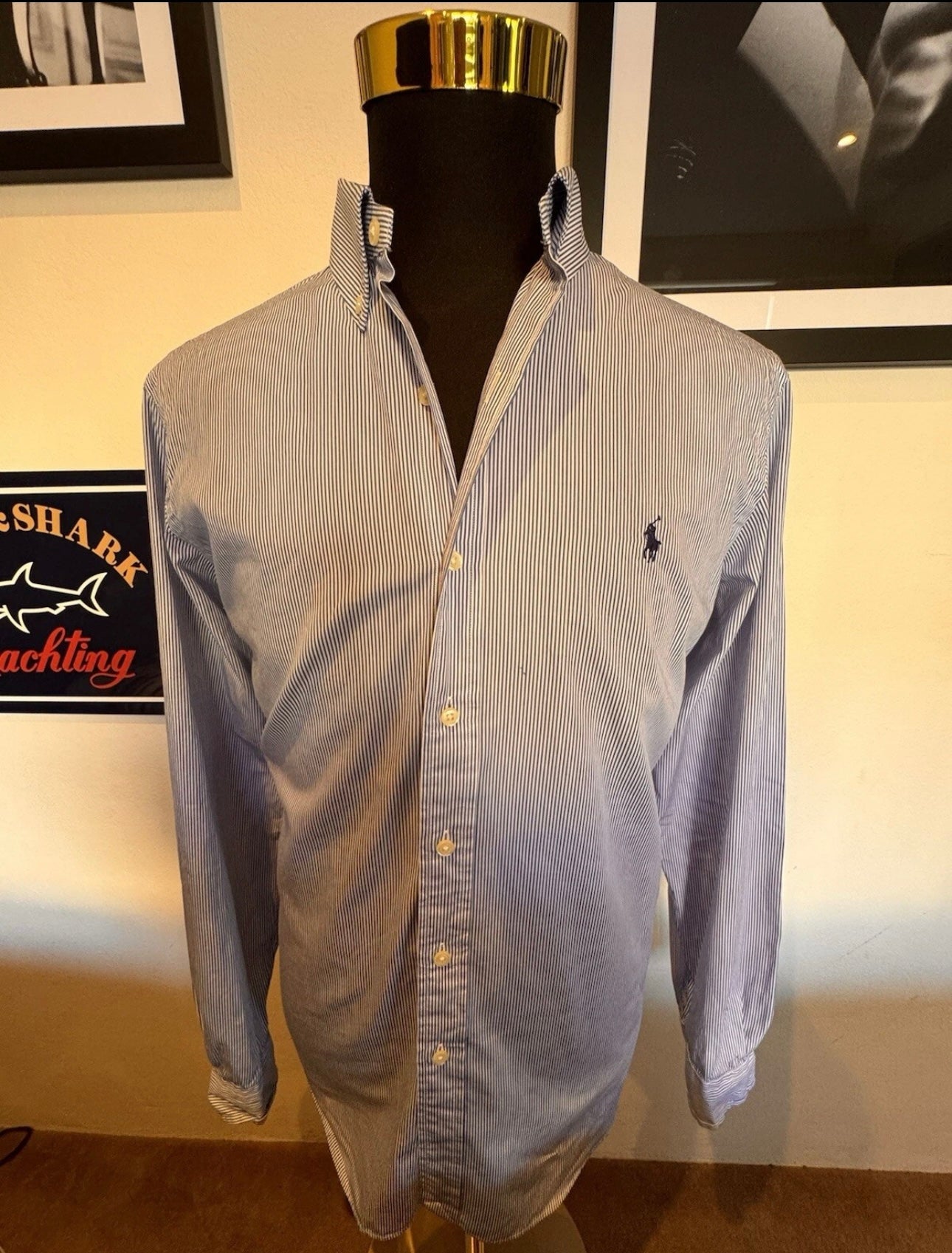 Ralph Lauren 100% Cotton Blue White Striped Classic Fit Size Large Button Down