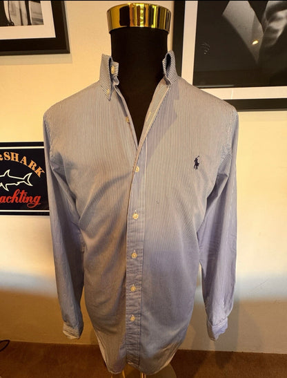 Ralph Lauren 100% Cotton Blue White Striped Classic Fit Size Large Button Down