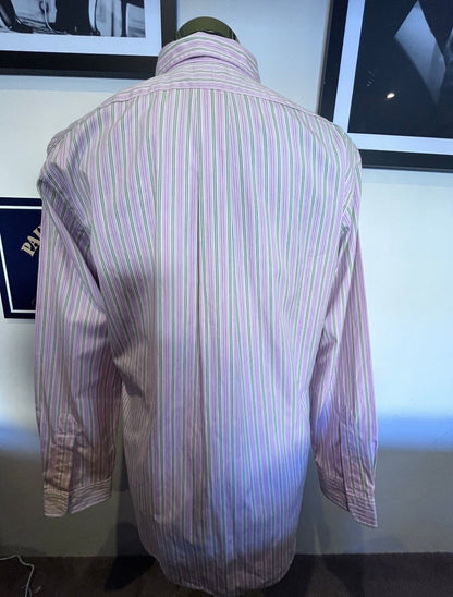 Ralph Lauren 100% Cotton Pink Green Striped Shirt Size Medium Classic Fit