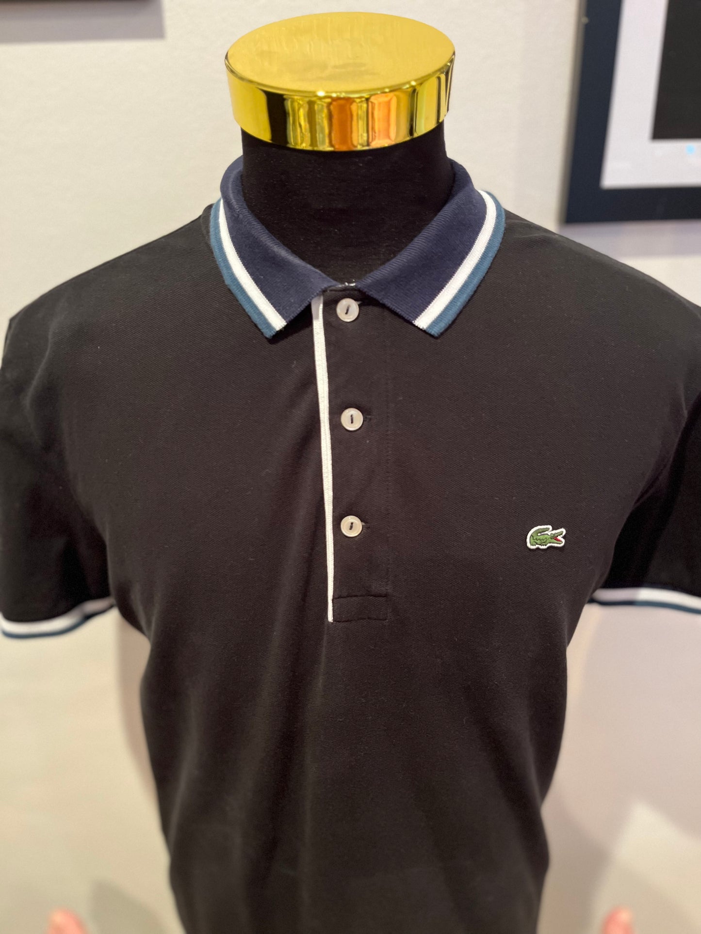 Lacoste 100% Cotton Black 3 Tone Collar Polo Shirt Size XL Regular Fit