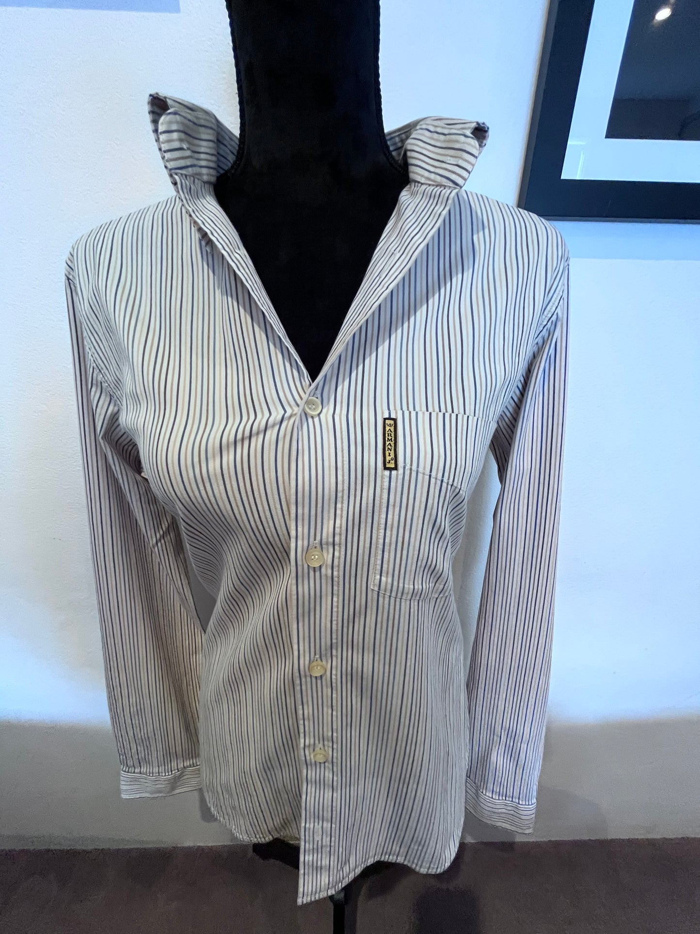 Armani Women’s 100% Cotton Off White Pin Stripe Shirt Size M Slim Fit