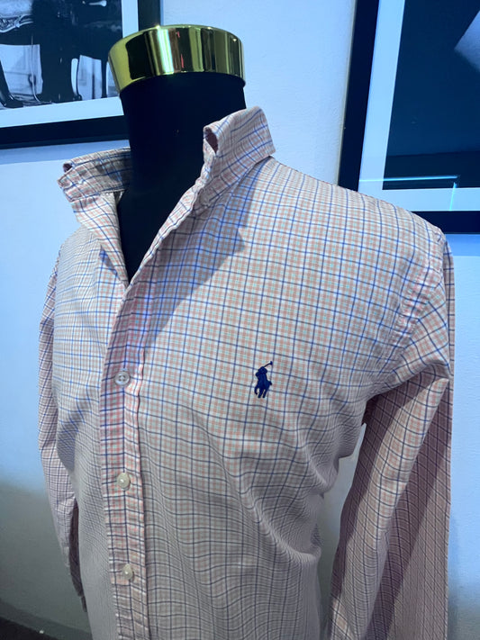 Ralph Lauren 100% Cotton Orange Check Button Down Shirt Size M Custom Fit, 15/32