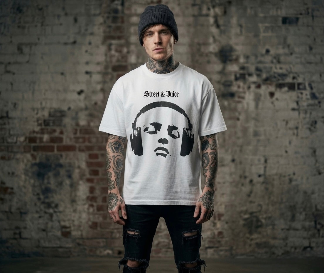 Street &Juice ‘Headphones’ White Graphic T-shirt 100% Heavyweight Cotton