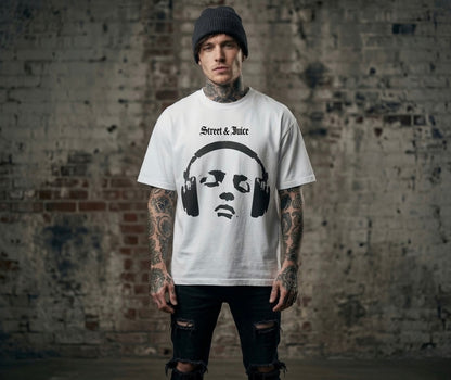 Street &Juice ‘Headphones’ White Graphic T-shirt 100% Heavyweight Cotton