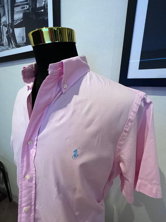 Ralph Lauren 100% Cotton Feather Weight Twill Pink Short Sleeve Shirt Size L