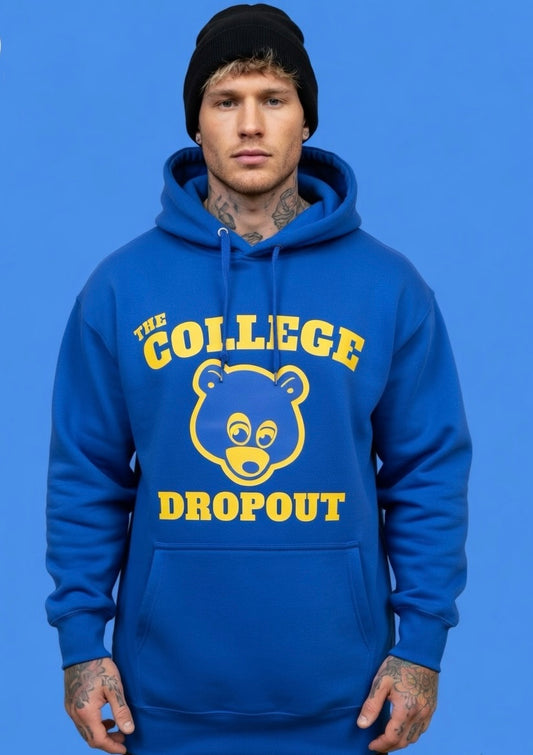 Kanye West 100% Fleece Blue Hoodie “The College Drop Out” Chest & Back Logo Print