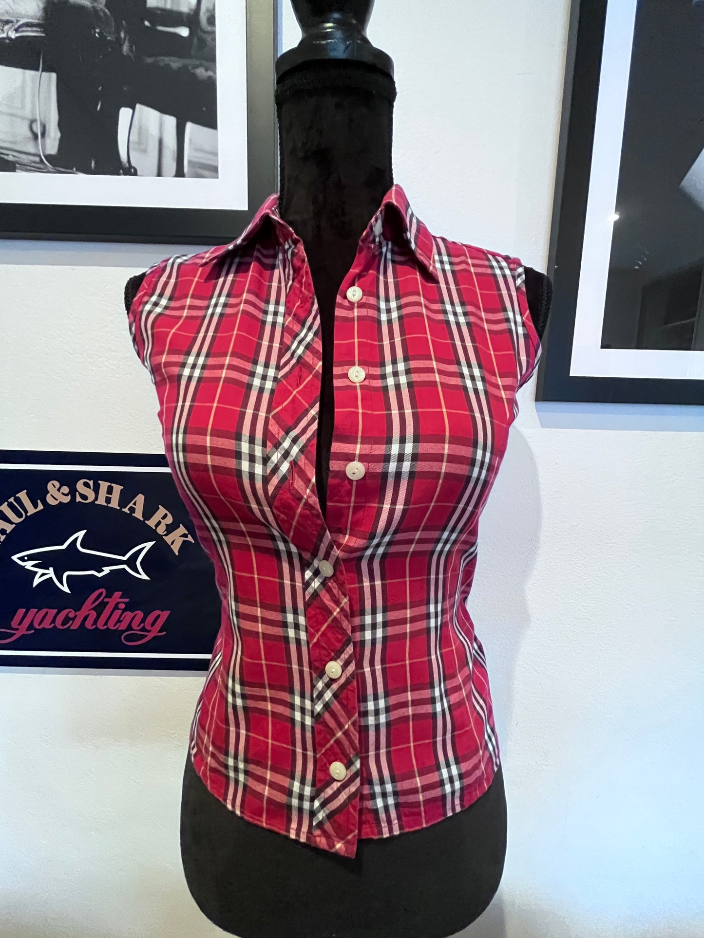 Burberry 100% Cotton Women’s Sleeveless Red Check Shirt Size Small