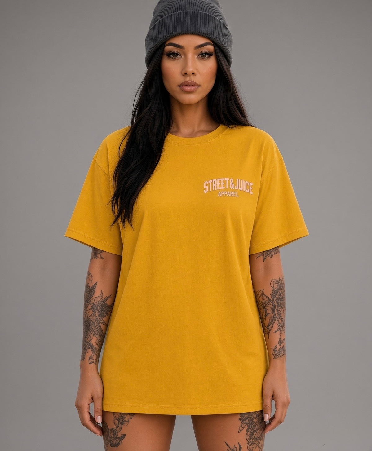 Street & Juice ‘Beat & Greet’ 100% Heavyweight Cotton Mustard Yellow Graphic Tee
