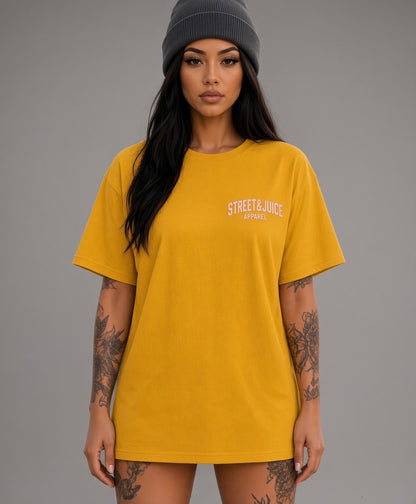 Street & Juice ‘Beat & Greet’ 100% Heavyweight Cotton Mustard Yellow Graphic Tee